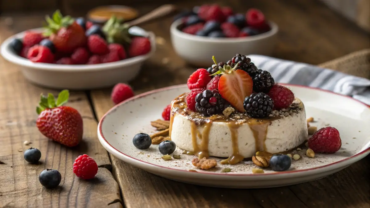 Close-up of a high protein dessert recipes with fresh berries and nut butter.