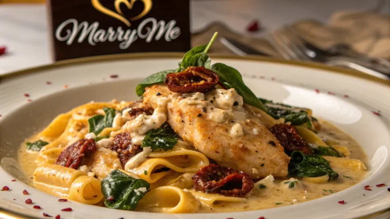 Close-up of marry me chicken pasta with creamy sauce.