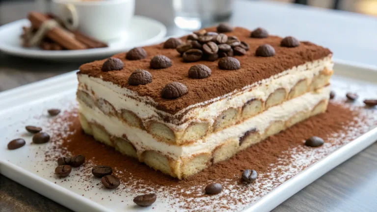 Unique tiramisu cake elegantly presented.