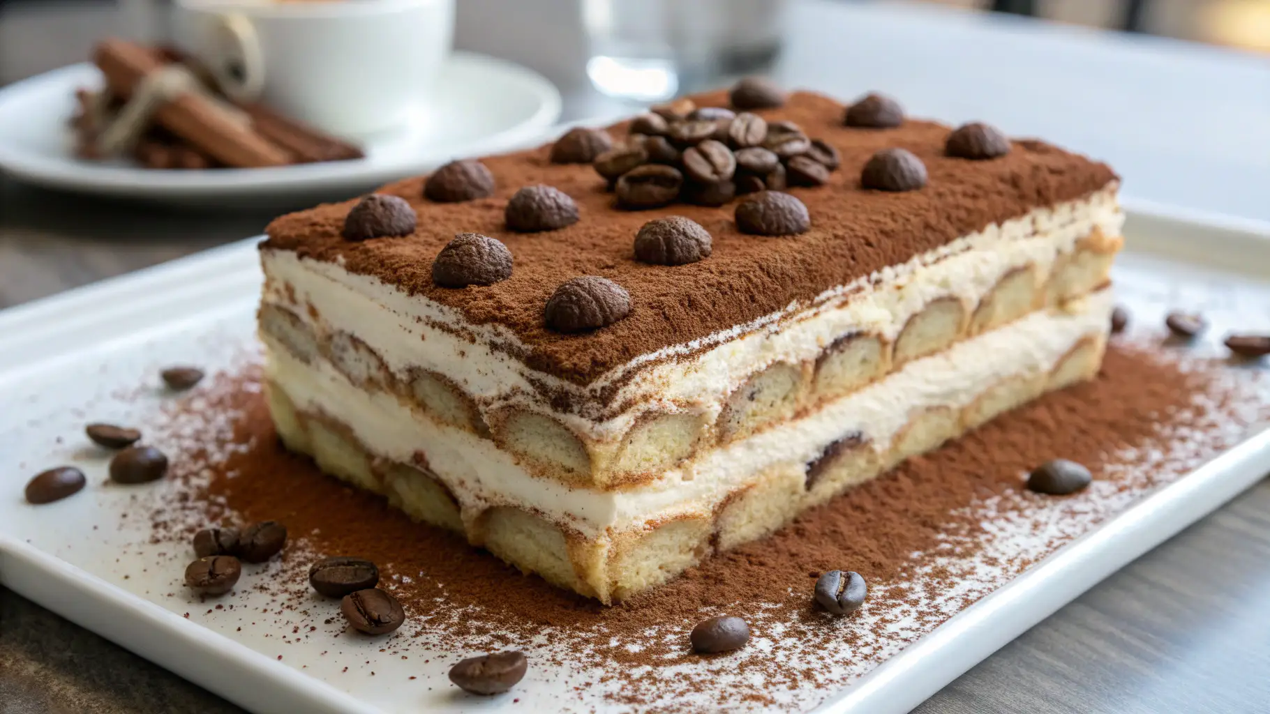 Unique tiramisu cake elegantly presented.